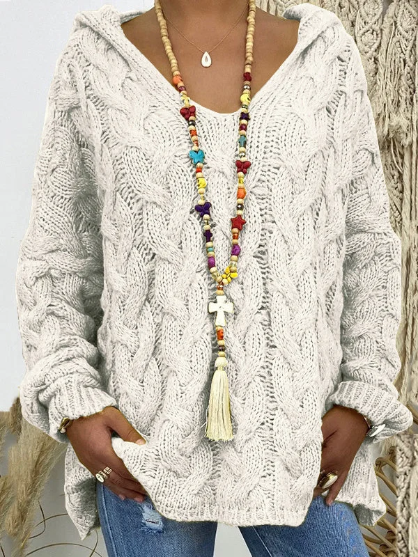 Women plus size clothing Women Long Sleeve V-neck Knitted Hemp Pattern Casual Soild Sweater Tops-Nordswear
