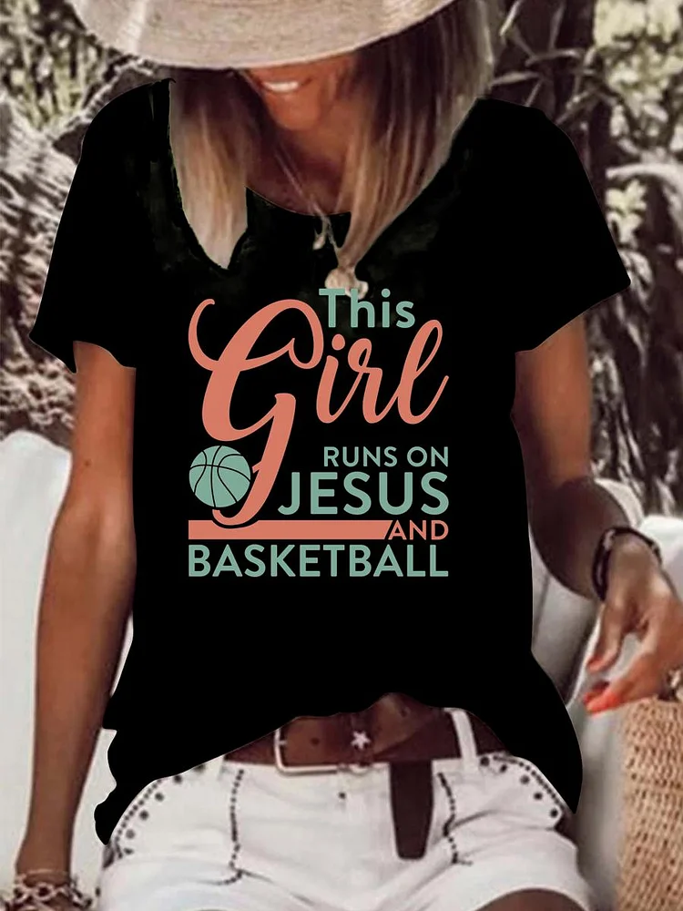 This Girl Runs On Jesus And Basketball Raw Hem Tee-Annaletters