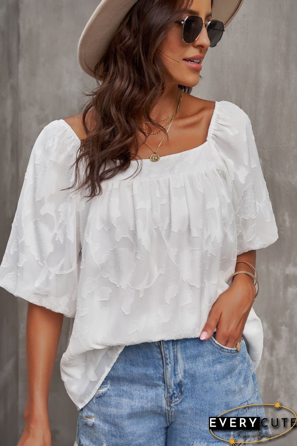 White Lush Printed Balloon Sleeve Ruched Chiffon Top
