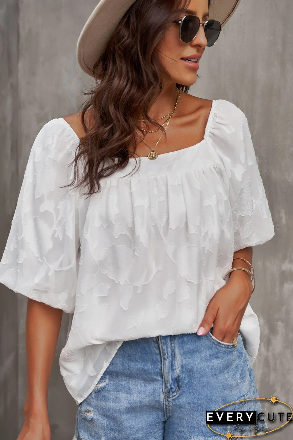 White Lush Printed Balloon Sleeve Ruched Chiffon Top
