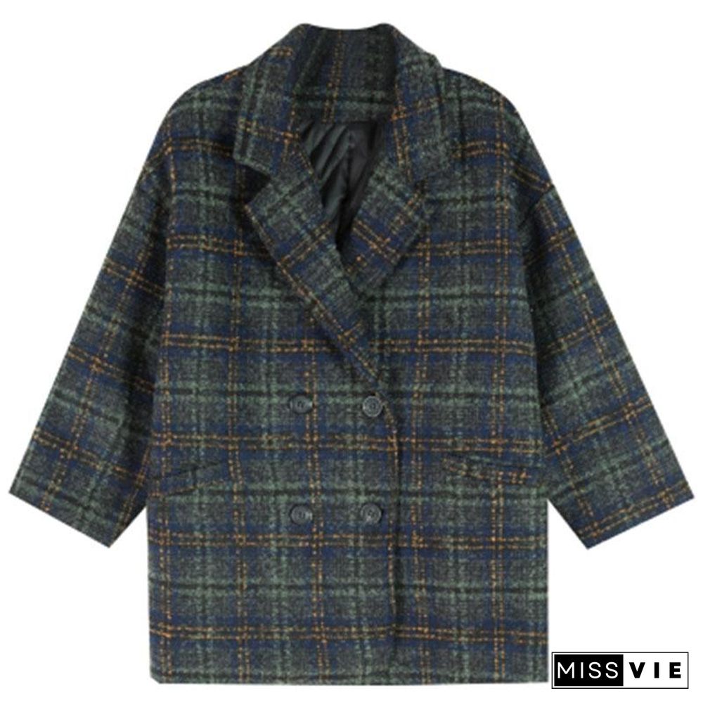 Plaid Button Loose Winter Coat