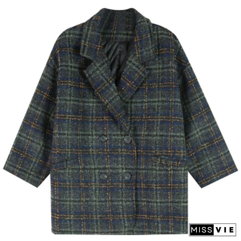 Plaid Button Loose Winter Coat