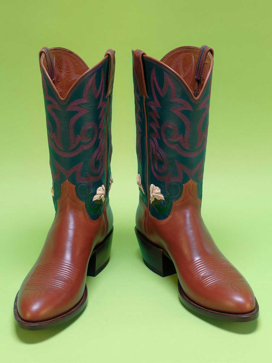 Brown & Green Patchwork Almond Toe Floral Inlay Cowgirl Boots