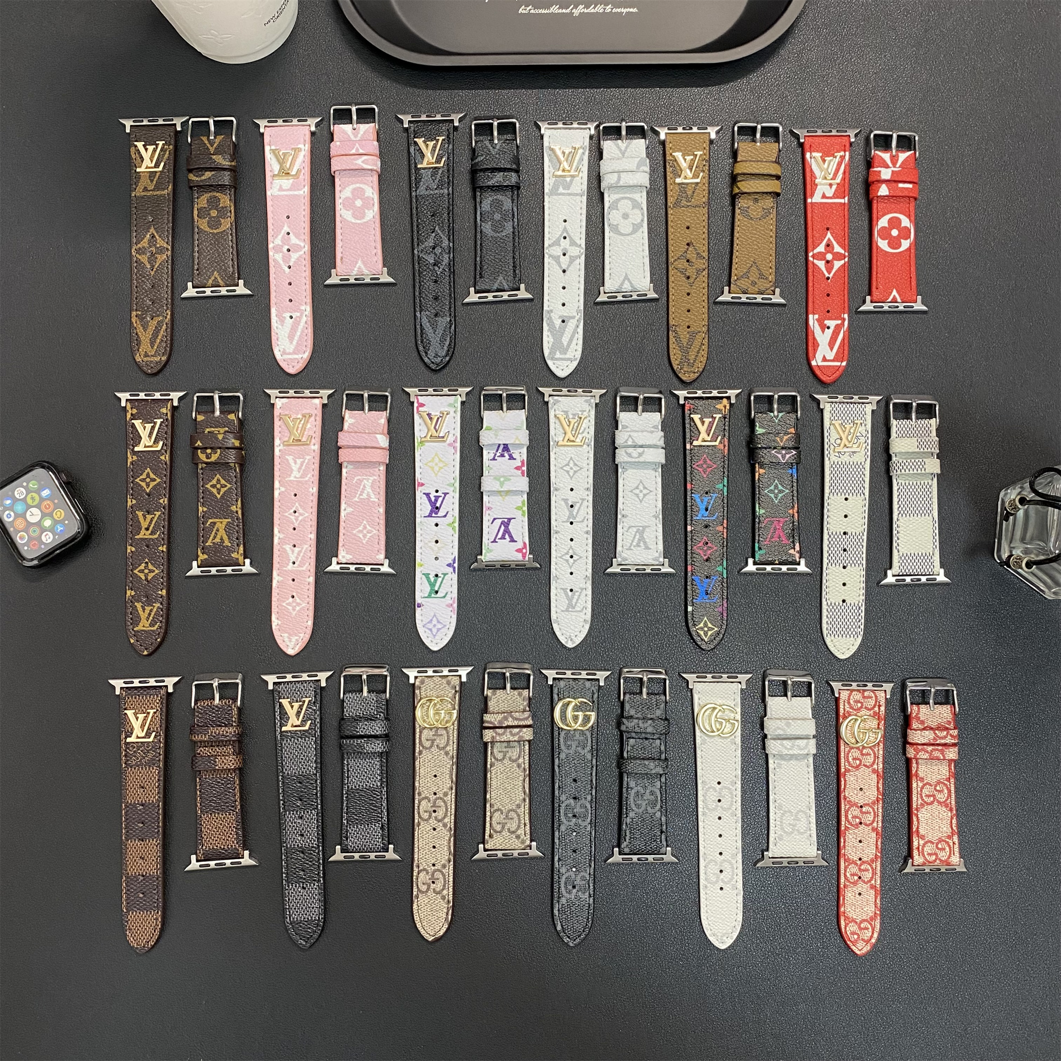 Legendary Metal LV Monogram Label Canvas Leather Apple Watch Strap
