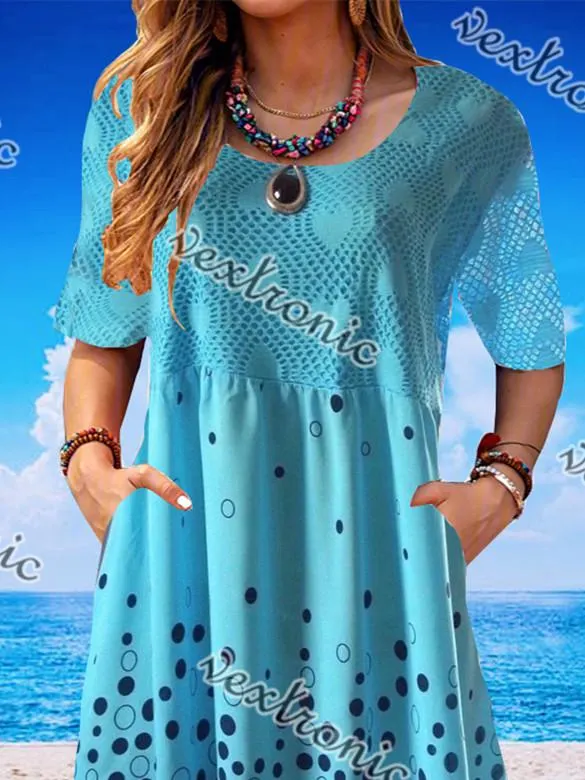 Women Casual Short Sleeve Scoop Neck Polka Dot Lace Midi Dress