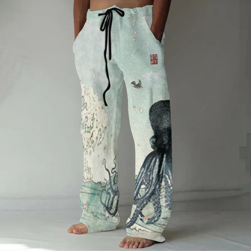 Japanese Huge Waves Octopus Art Graphic Linen Blend Pants
