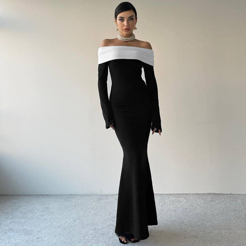 Ootddress Off-Shoulder Patchwork Slim Maxi Dress For Women Long Sleeve High Waist Elegant Backless Party Dress Female Autumn Outfit
