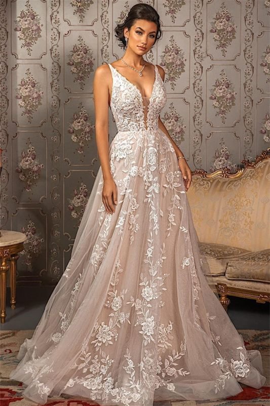 Sleeveless V-Neck Tulle A-Line Lace Appliques Wedding Dress PD0992