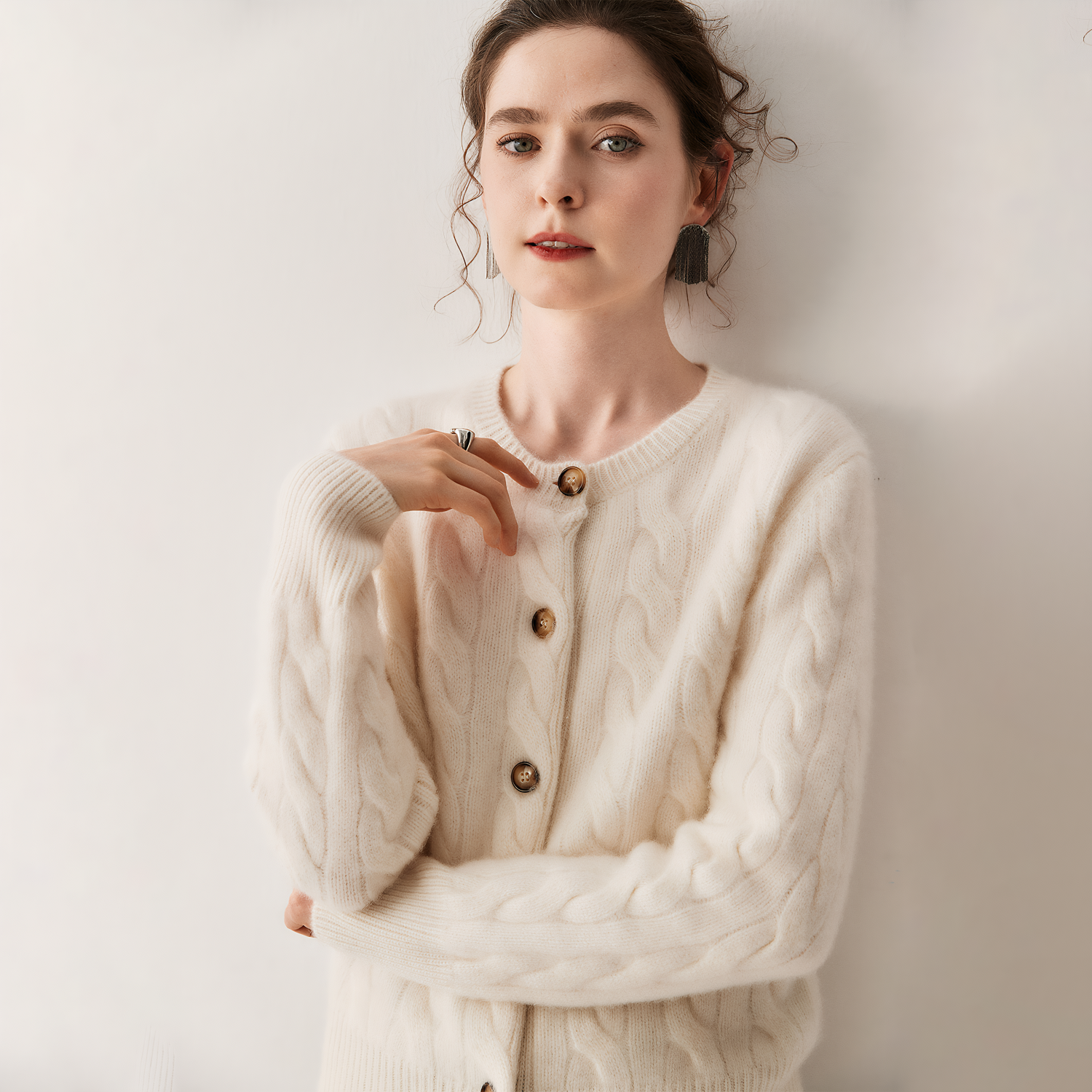 Women's Vintage-Inspired Cable Knit Cashmere Cardigan REAL SILK LIFE