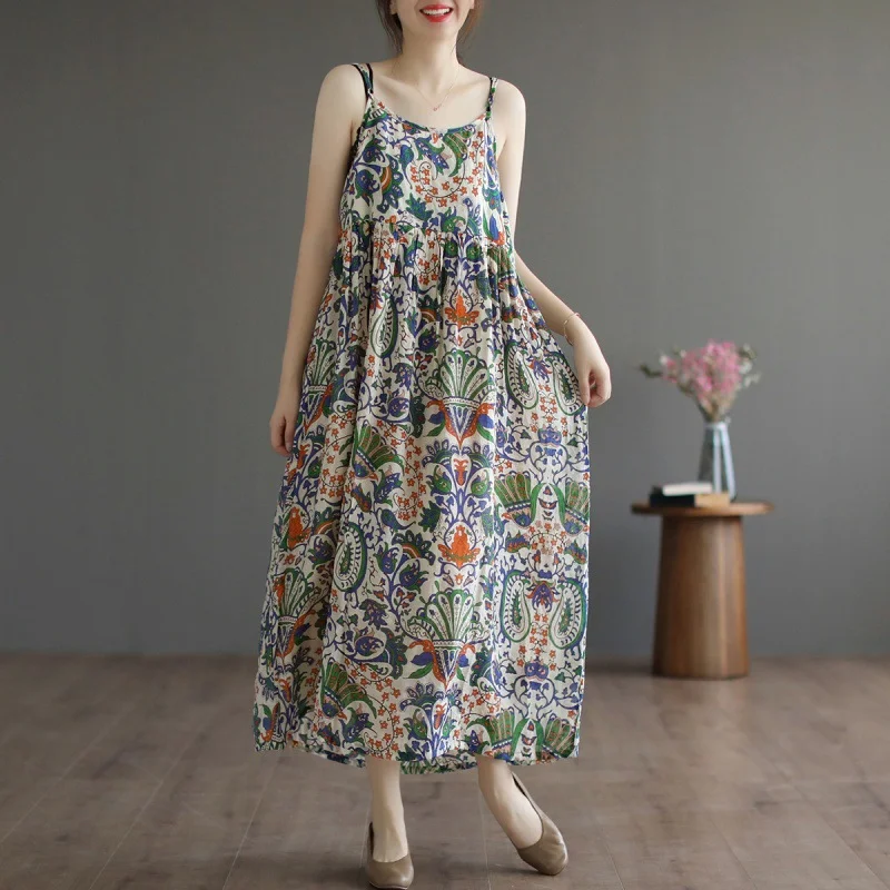 Uveng Uveng New Color Sling Dress Summer Vintage Fade Age Reduction Holiday Dress Long Show Thin Dress