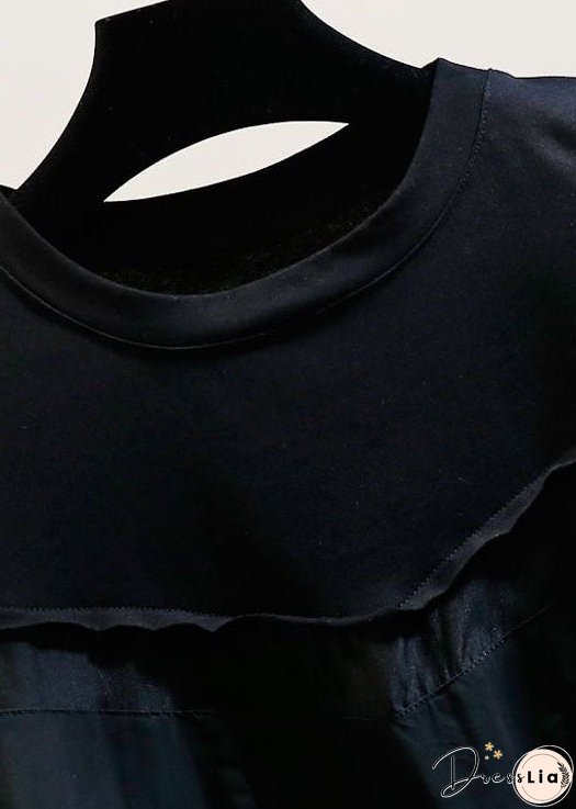 Natural Black O Neck Hollow Out Patchwork Cotton T Shirt Tops Summer