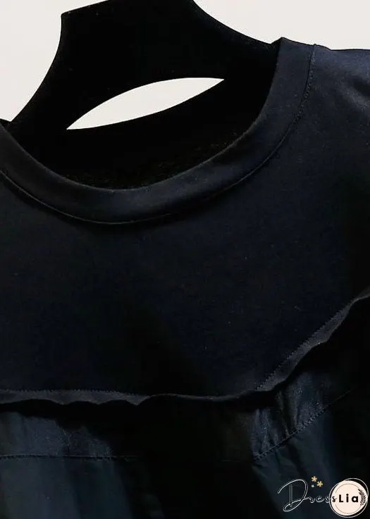 Natural Black O Neck Hollow Out Patchwork Cotton T Shirt Tops Summer