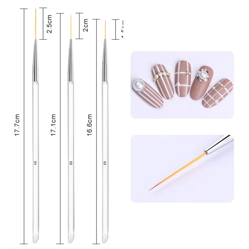 3pcs/Set Nail Brush Nail Art Acrylic Liquid Powder French Stripes Lines Liner Painting Design Brush Dotting Picking Pen Tool-Nail Inspo