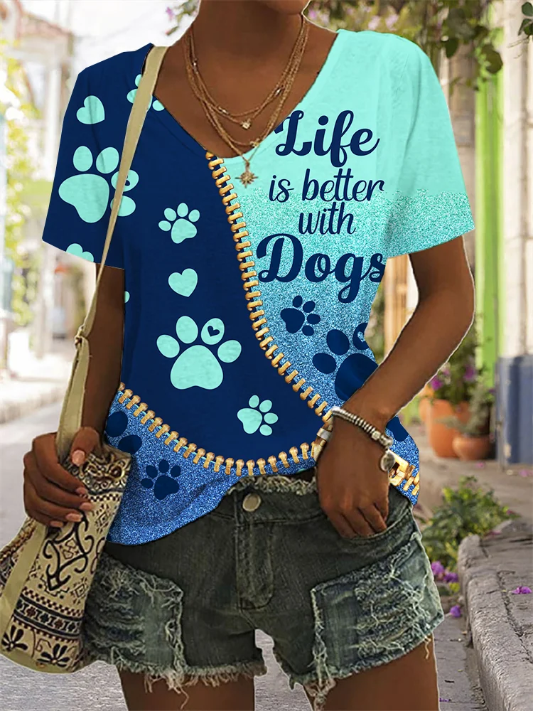 Life Is Better With Dogs Glitter Graphic V Neck T Shirt