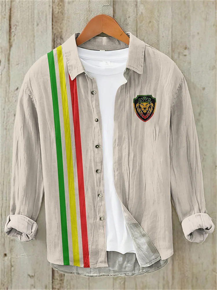 Men'S Reggae Lion Art Casual Linen Blend Shirt