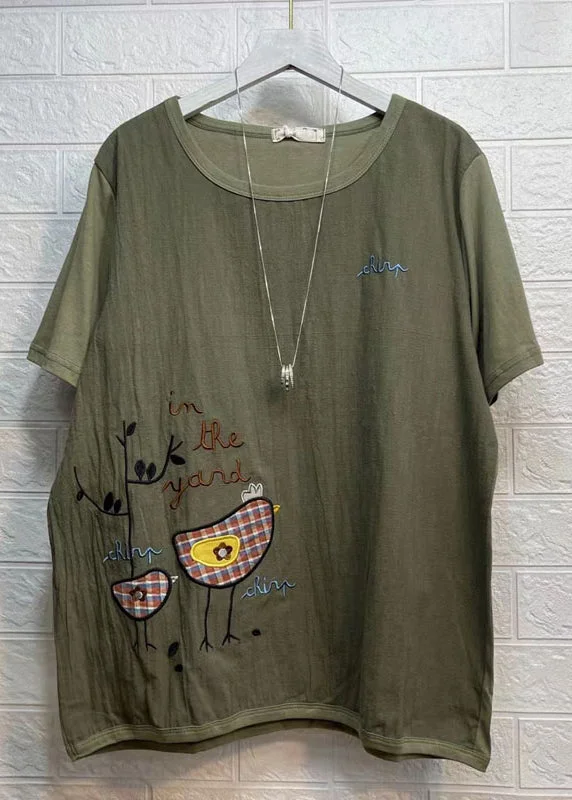Beautiful Army Green O Neck Embroideried Patchwork Cotton T Shirt Summer