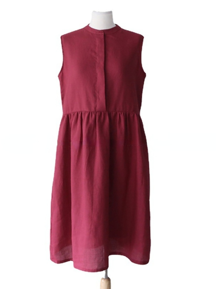 Ladies Cotton Linen Vest Loose Simple Solid Color Stand Collar Mid Length Dress