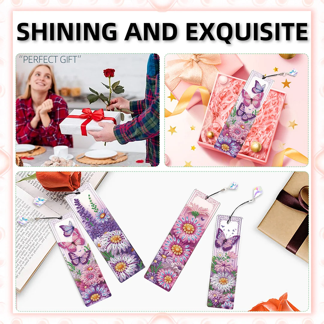 4Pcs Daisy and Butterfly DIY Diamond Bookmark Art Projects Irregular Shaped Diamonds Diamond Painting Art Bookmarks with Crystal Pendants for DIY Making Beginners Adult Art Craft Supplies