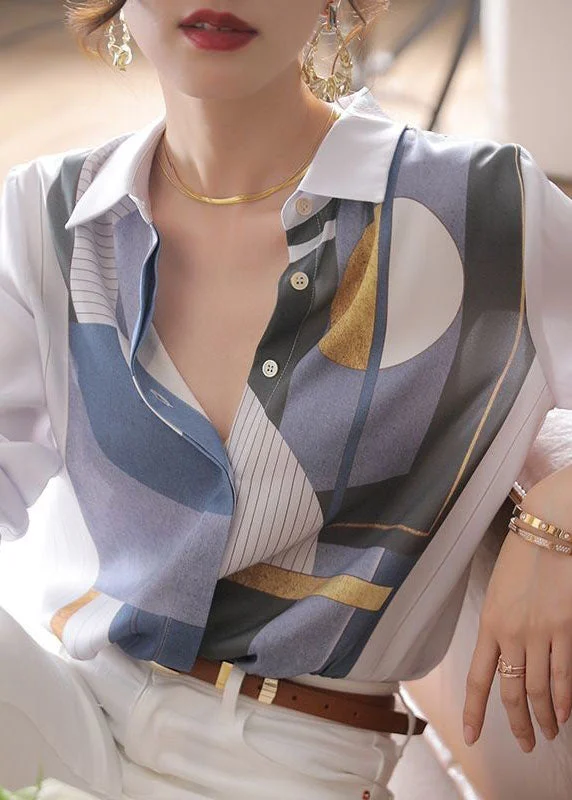 Casual White Print Button Patchwork Silk Shirt Tops Spring