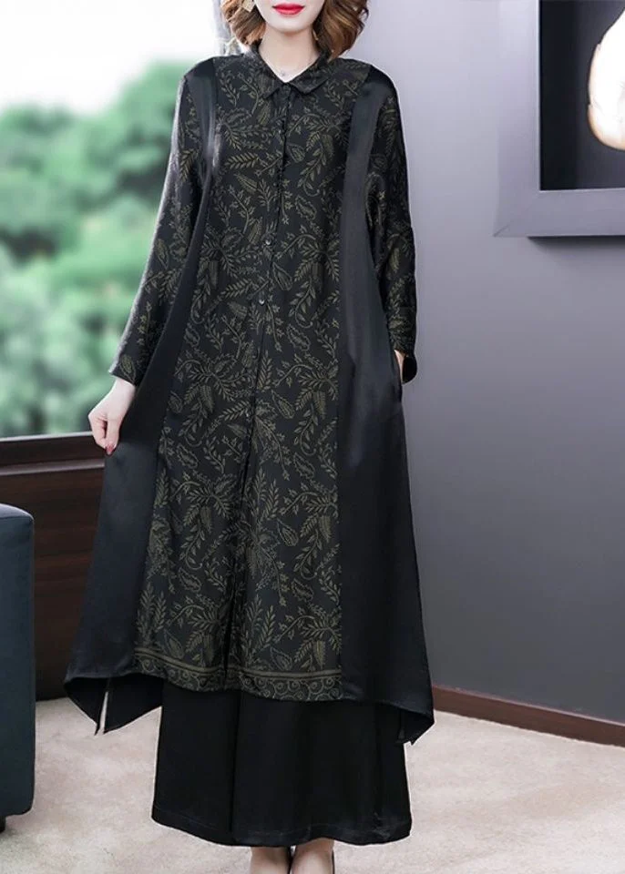 Boutique Black Oversized Patchwork Print Silk Shirt Dress Two Pieces Set Spring