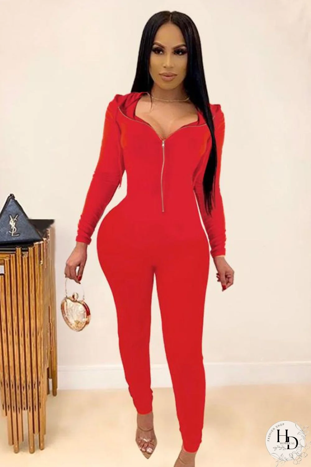Red Casual zipper Solid Long Sleeve Hooded