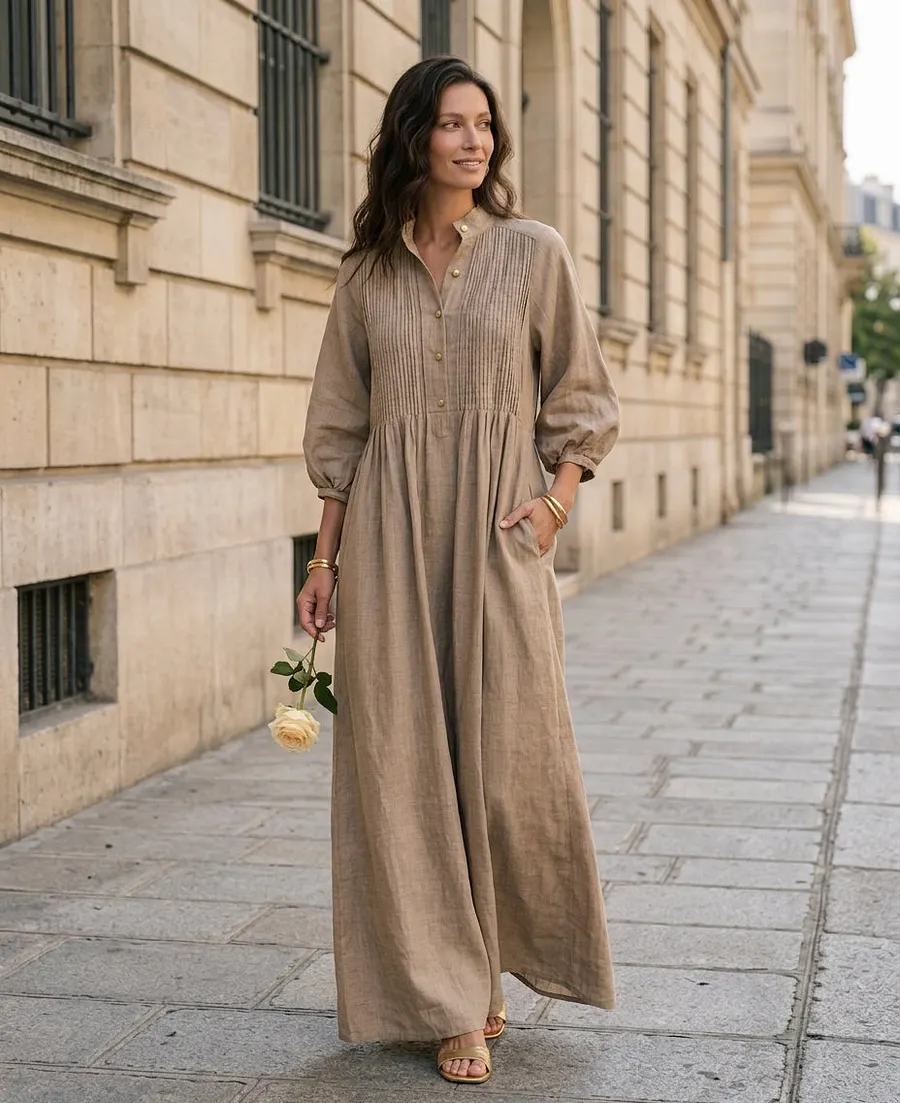 Women's Casual Long-sleeved Maxi Dress In Khaki Cotton-linen Blend MD
