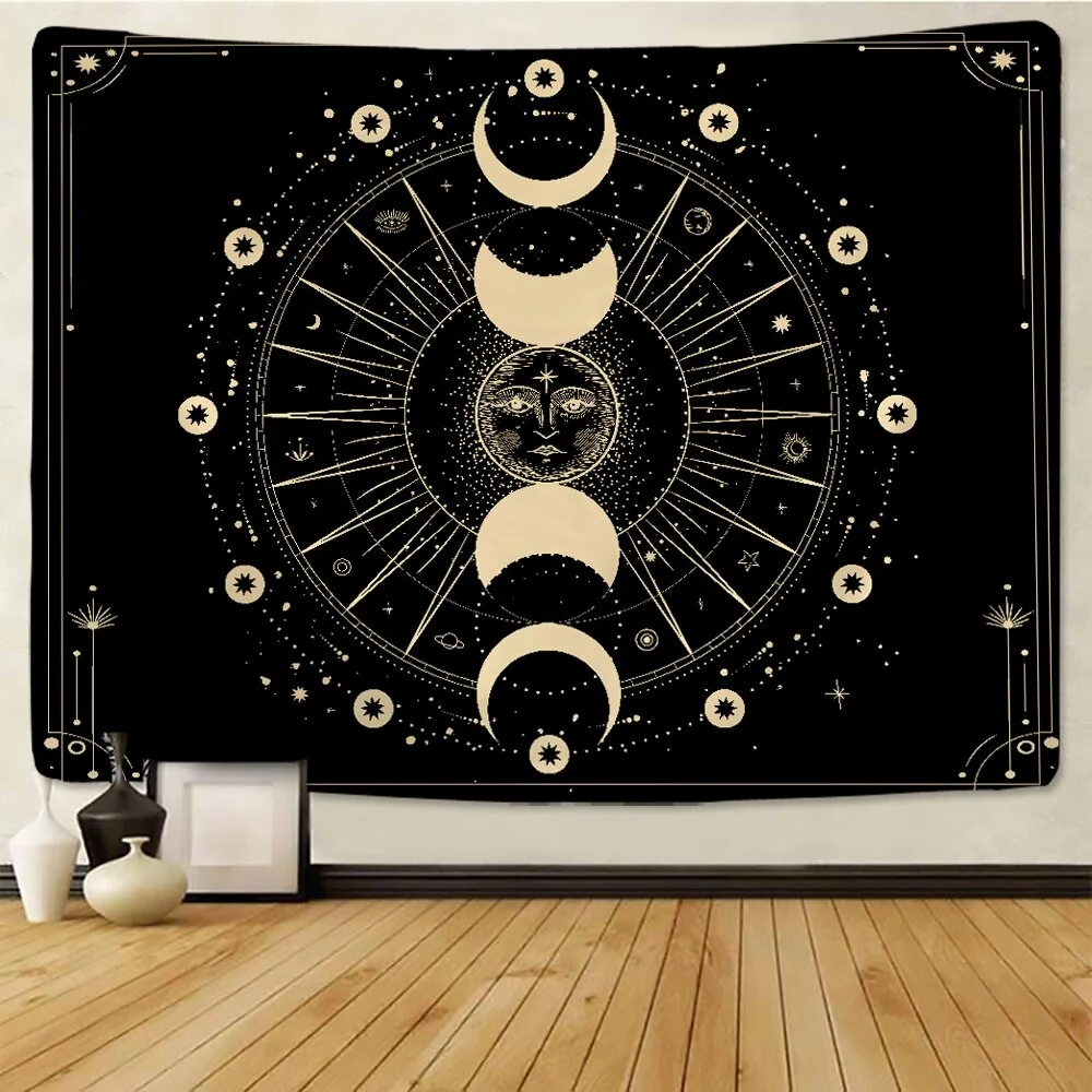 Golden Sun Moon Tapestry Wall Hanging Indian Mandala Boho Printed Psychedelic Tapiz Witchcraft Wall Cloth Tapestries