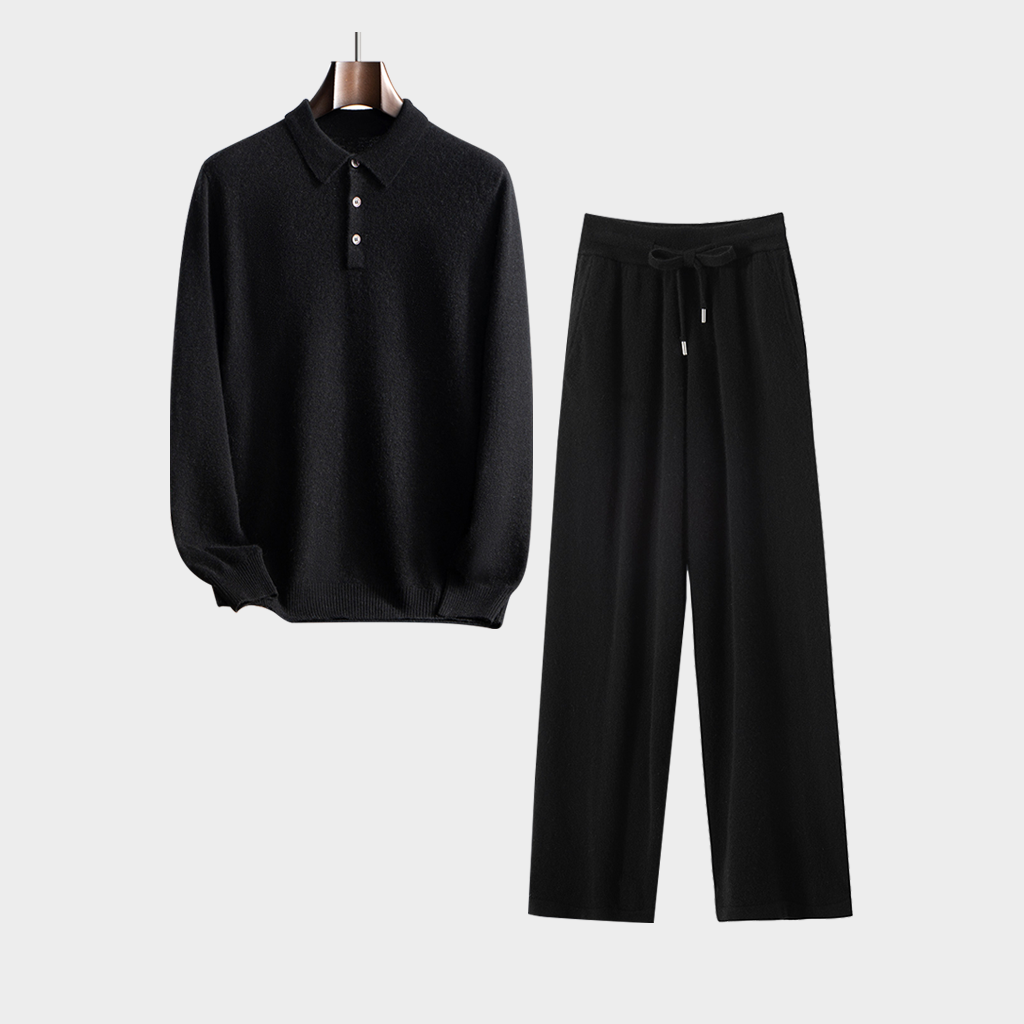 Men's Black Polo-Style Cashmere Sweater and Pants Set | Casual Outfit REAL SILK LIFE