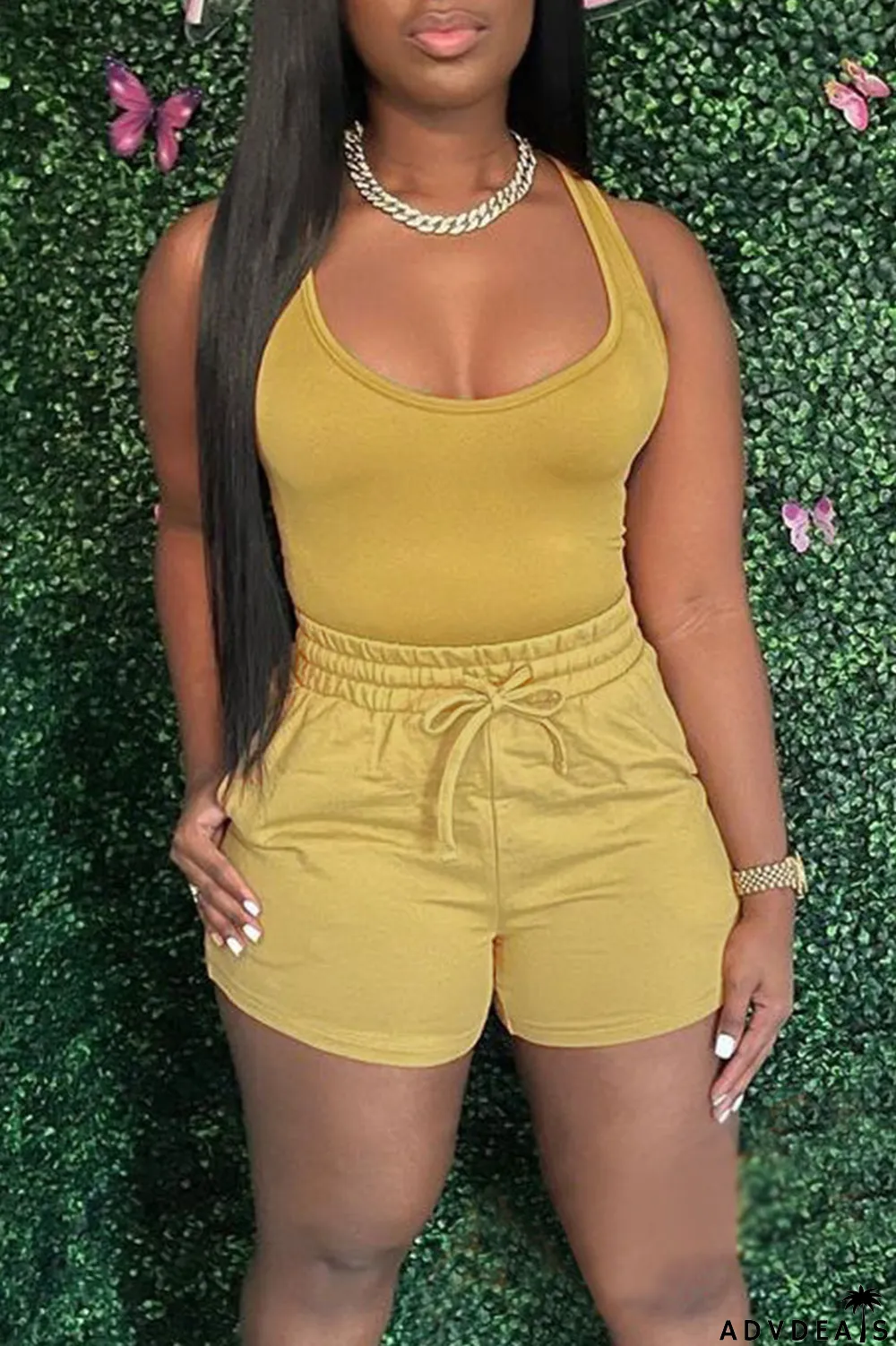 Orange Pink Casual Solid Split Joint U Neck Sleeveless Two Pieces