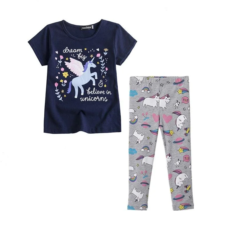 Unicorn Kids Girls Clothes Sets 2PCS Short Sleeve T-Shirt + Long Pants Rainbow Print Elastic Leggings Boys Girls Summer Clothes