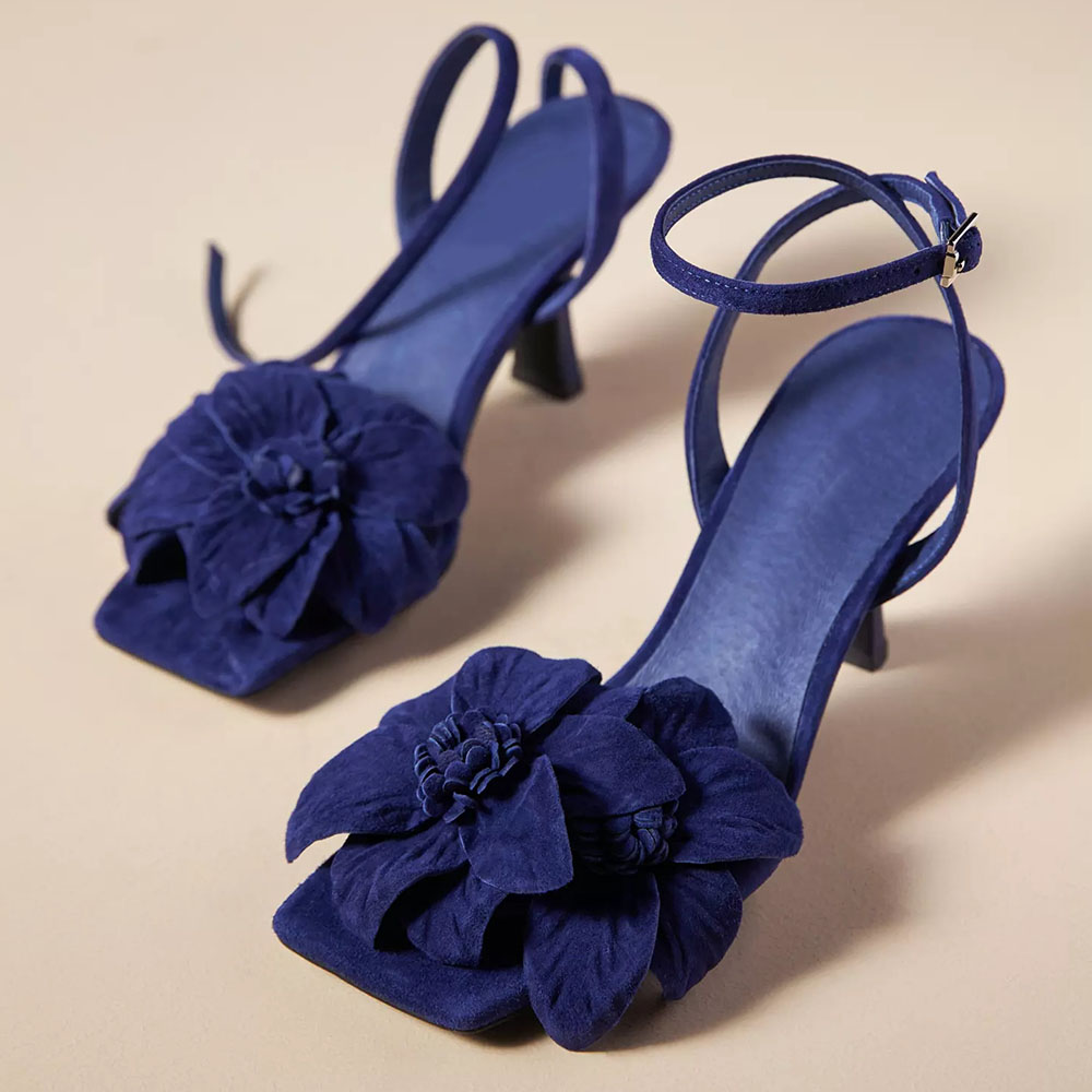 Blue Vegan Suede Flower Heels Square Toe Ankle Strap Women Sandals Nicepairs