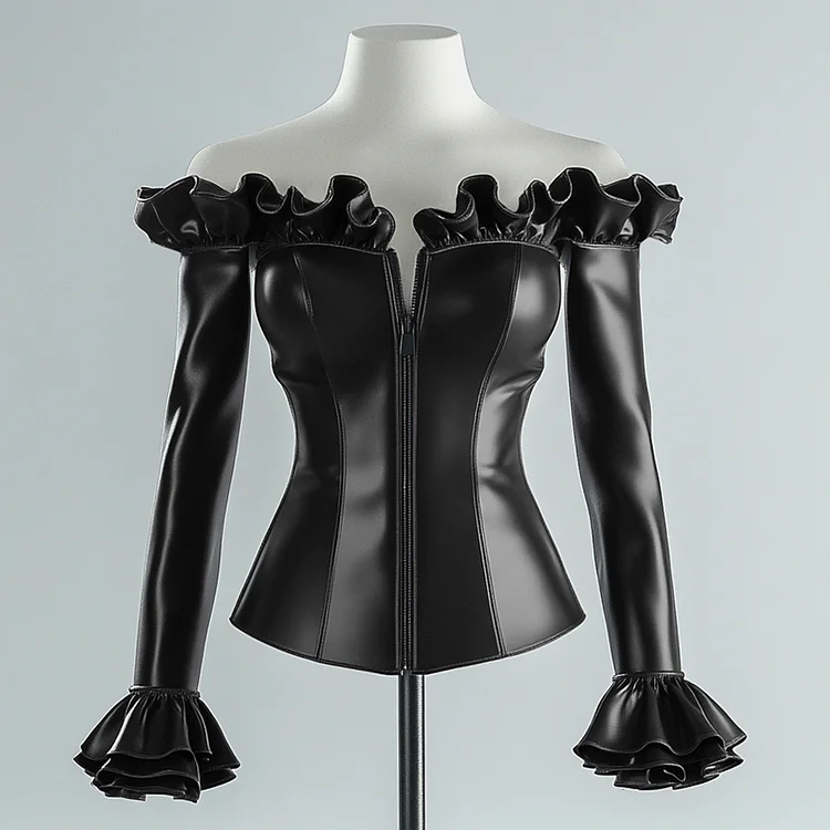 Ursime Ruffle Off Shoulder Layered Flare Sleeve Zipper PU Blouse