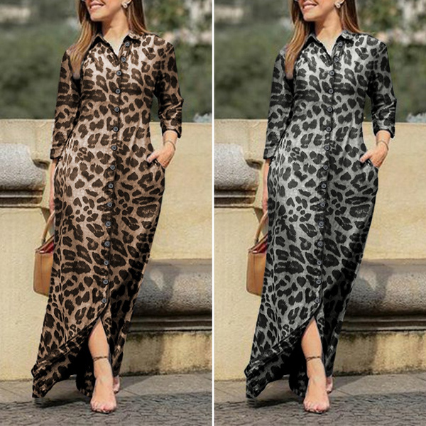 Vonada Colors Womens Casual Leopard Print Long Maxi Dress Vintage Sleeve Button Lapel