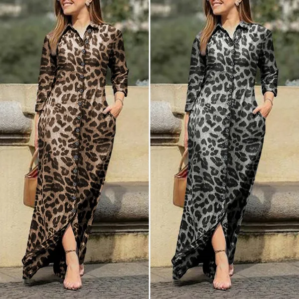 Vonada Colors Womens Casual Leopard Print Long Maxi Dress Vintage Sleeve Button Lapel