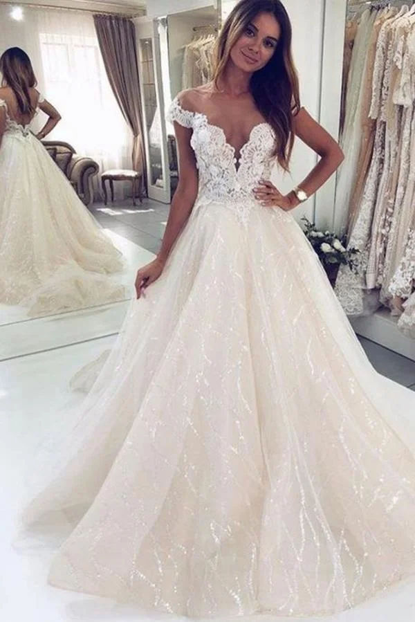 Long A-line Tulle Open Back Wedding Dress With Off-the-shoulder