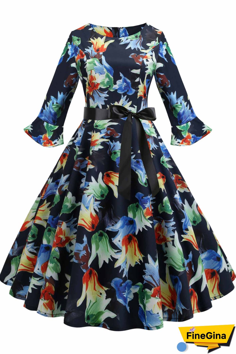 Floral Print Boatneck A-line Dress