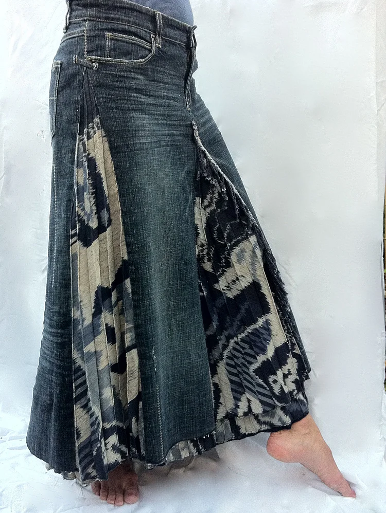 Casual Colorblock Patchwork Pleated High Waist Denim Midi Skirt