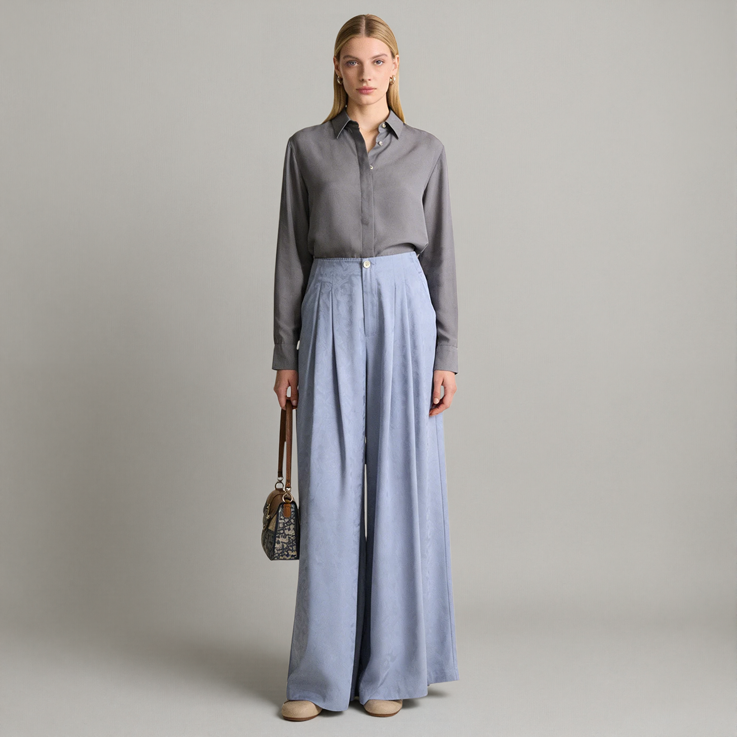 100% Spun Silk Wide Leg Pants Relaxed Jacquard REAL SILK LIFE