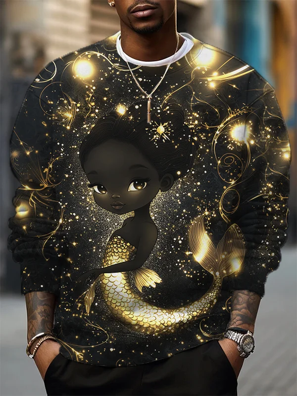 Men's Retro Black Little Girl Mermaid Glitter Print Casual Sweatshirt