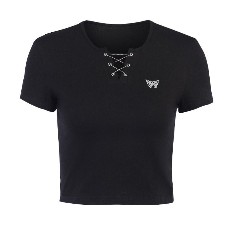 InstaHot Women T shirt Crop Top Summer Short Sleeve Black Butterfly Flash Printed Slim Casual Vintage t shirt 2020 Tee Top