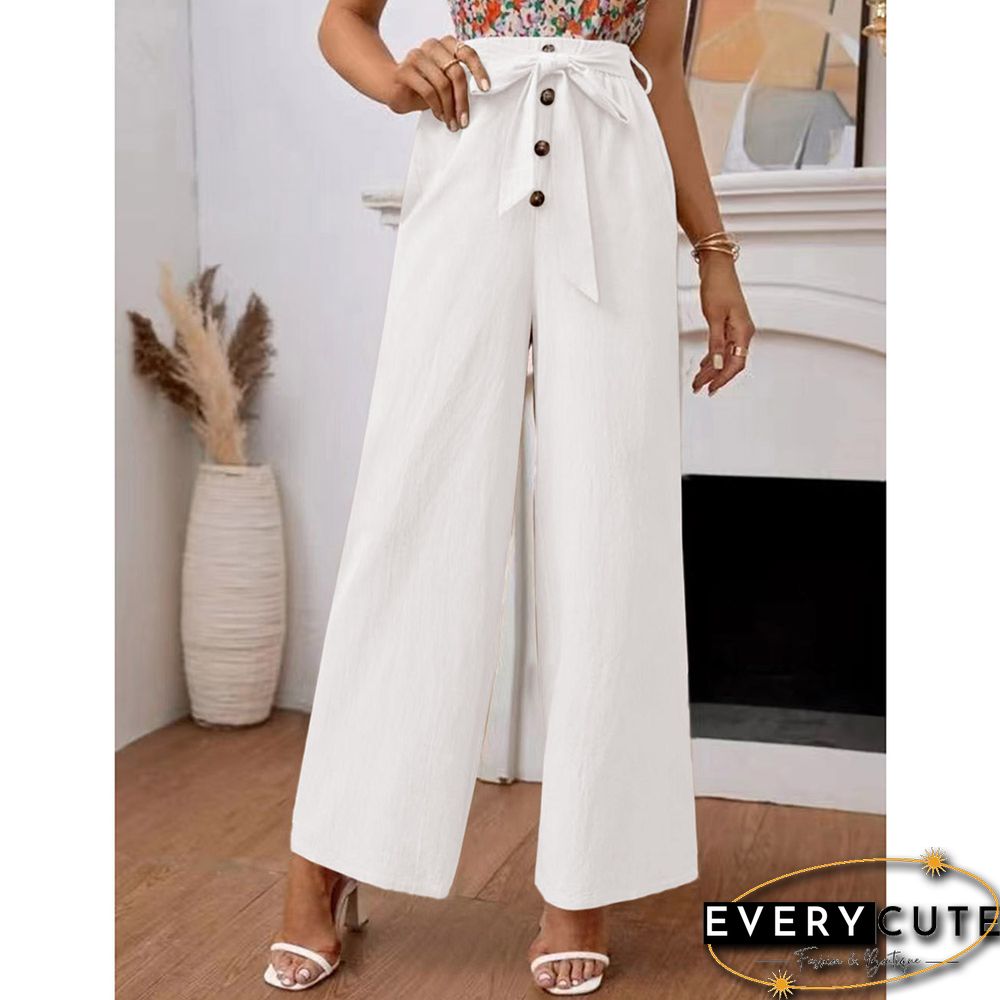 White Elastic Tie Waist Wide Leg Pants