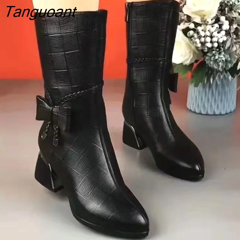 Tanguoant Chunky Chelsea Boots Women 2023 New Winter High Heels Shoes Ladies Fashion Sexy Warm Ankle Boots Pointed Toe Pumps 35-43