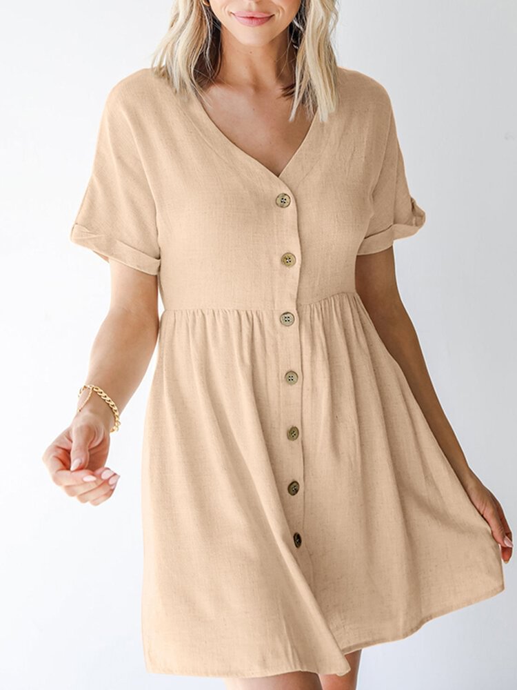 High Waist Solid Button Front Rolled Short Sleeve Dress - Life is Beautiful for You - SheChoic