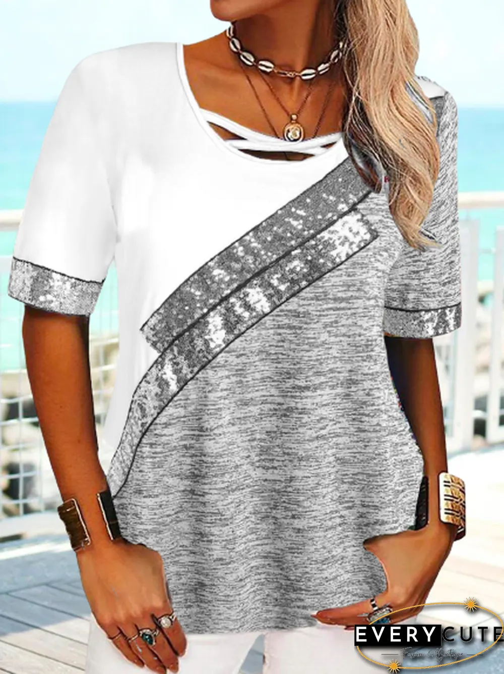 Crew Neck Color Block Loose T-Shirt