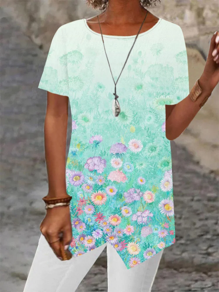 Women Asymmetrical Short Sleeve Scoop Neck Floral Printed Top