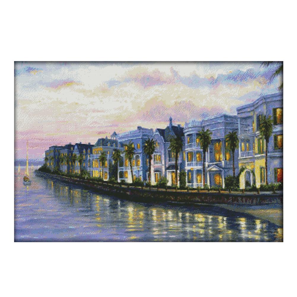 

Night view of seaside villa - 14CT Stamped Cross Stitch - 71*51cm, 501 Original