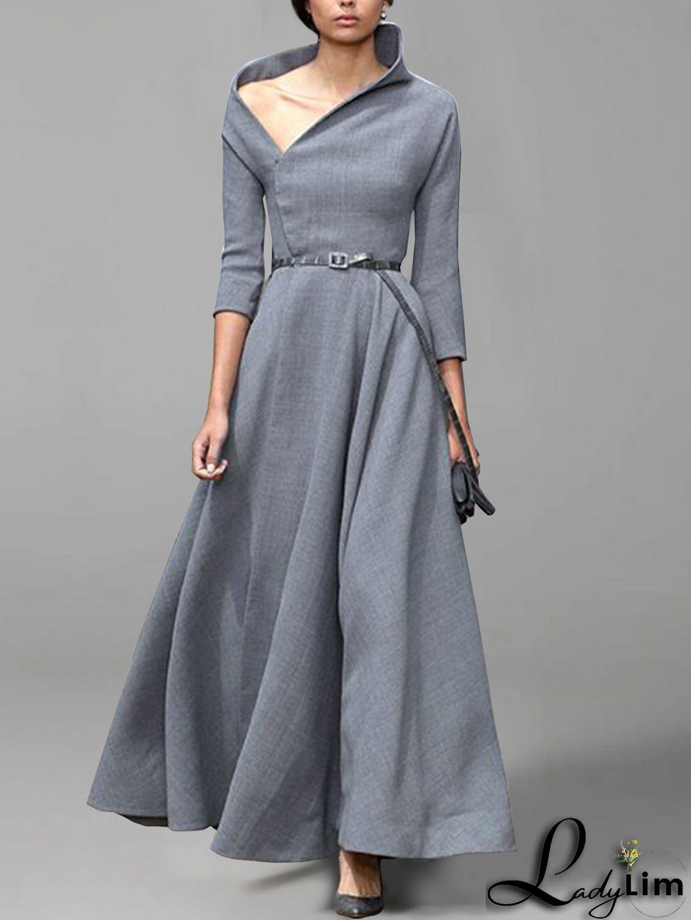 Casual Oblique Collar Solid Half Sleeve Belt Midi Dress