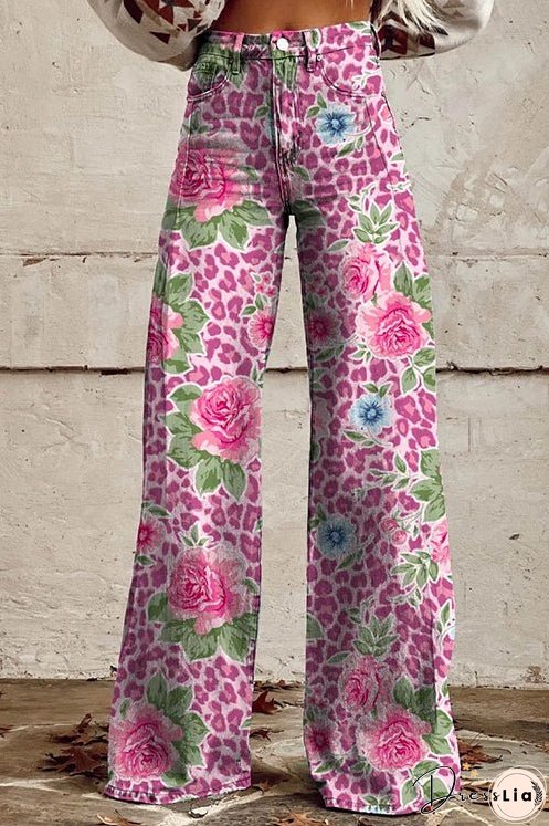Meridress Leopard Floral Print Wide Leg Pocketed Pants