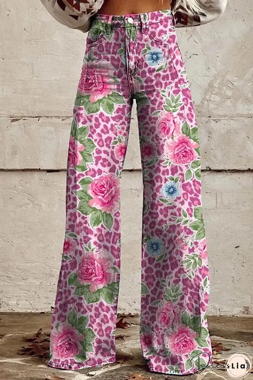 Meridress Leopard Floral Print Wide Leg Pocketed Pants