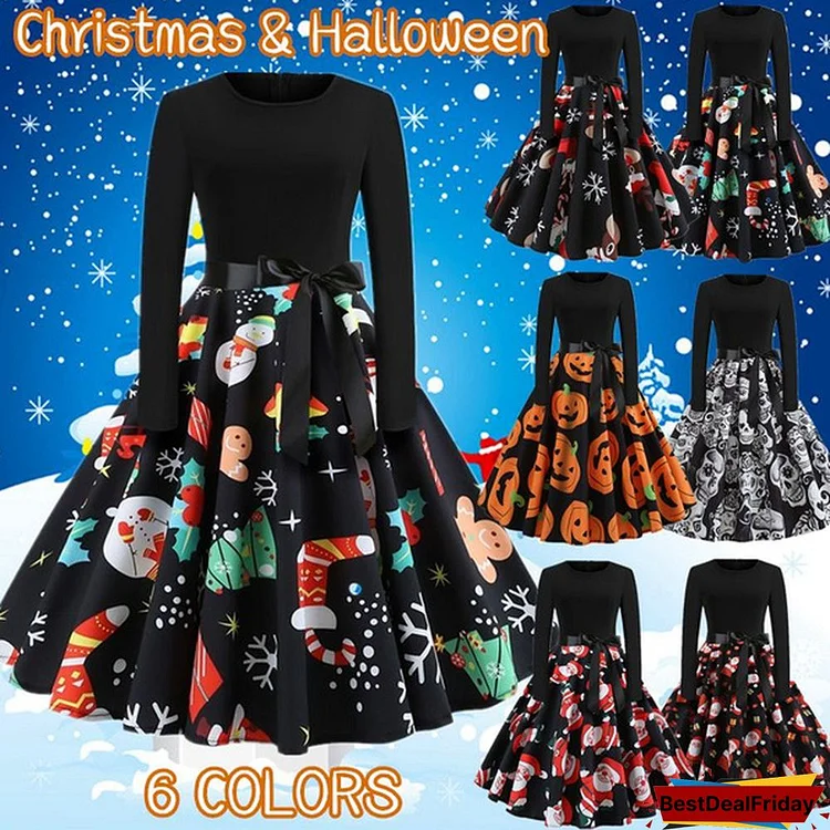 2019 Fashion Lady Autumn and Winter Xmas Clothes Christmas Costume Casual Long Sleeve Halloween Print Party Dress
